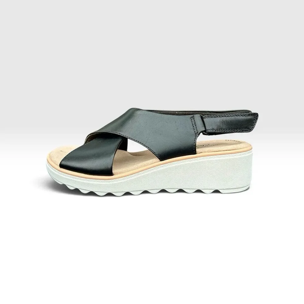 Clarks Collection Womens 7M Black Leather Wedge Sandals Ultimate Comfort